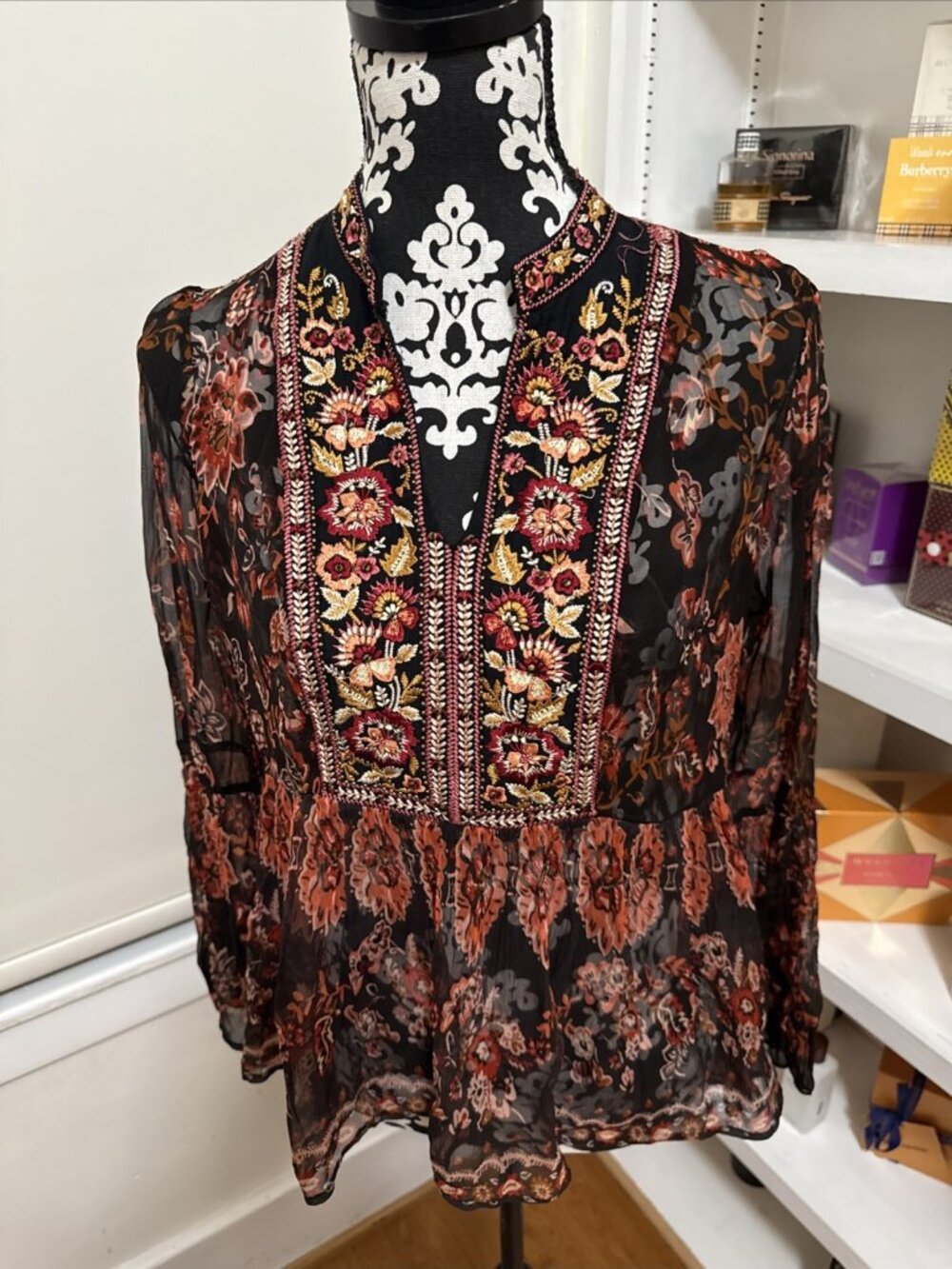 Ritu Kumar Womens Floral Print Tunic Top 3 Beaded Flowy Boho Indie embroidered
